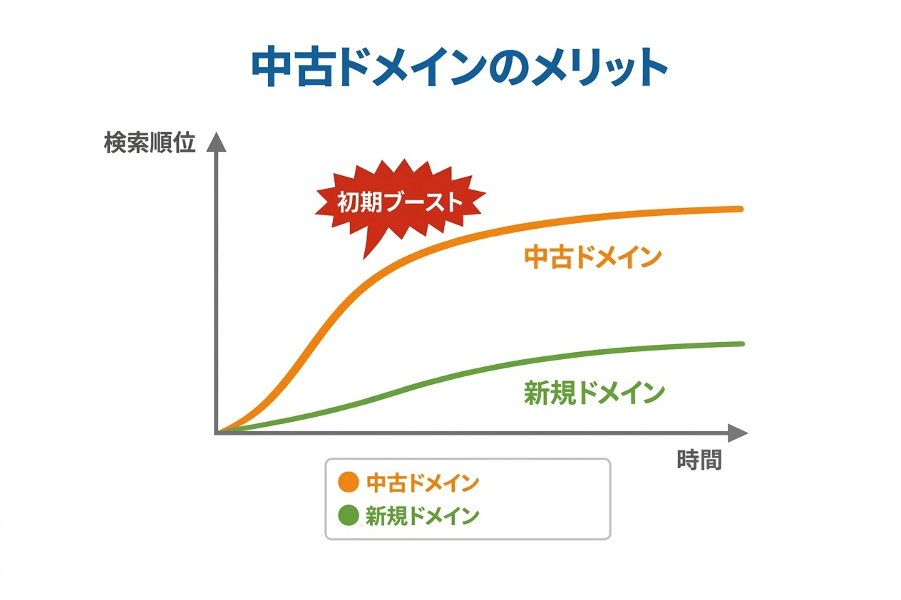 新規ドメインと中古ドメインのSEO立ち上がり速度を比較したグラフ