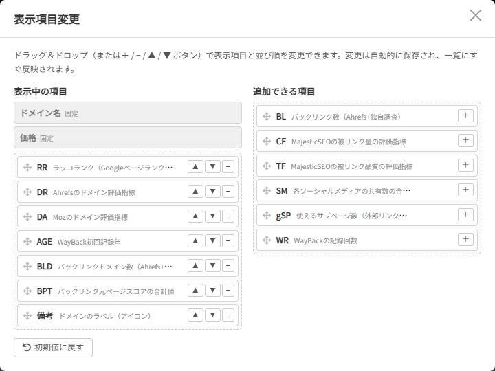 「表示項目変更」の画面。左の「表示中の項目」にドメイン名・価格(固定)とRR・DR・DA・AGE・BLD・BPT・備考、右の「追加できる項目」にBL・CF・TF・SM・gSP・WRが並び、下に「初期値に戻す」ボタンがある