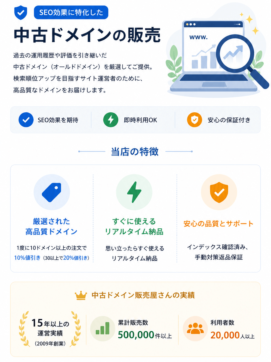 SEO効果に特化した中古ドメインの販売。過去の運用履歴や評価を引き継いだ中古ドメイン（オールドドメイン）を厳選して提供し、検索順位アップを目指すサイト運営者向けに高品質なドメインを販売。SEO効果を期待・即時利用OK・安心の保証付き。特徴は厳選された高品質ドメイン（10ドメイン以上で10％、30以上で20％値引き）、すぐに使えるリアルタイム納品、インデックス確認済み・手動対策返品保証による安心の品質とサポート。実績として15年以上の運営（2009年創業）、累計販売数50万件以上、利用者数2万人以上。